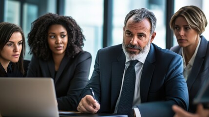 A group of people in suits and ties sitting around a laptop, AI
