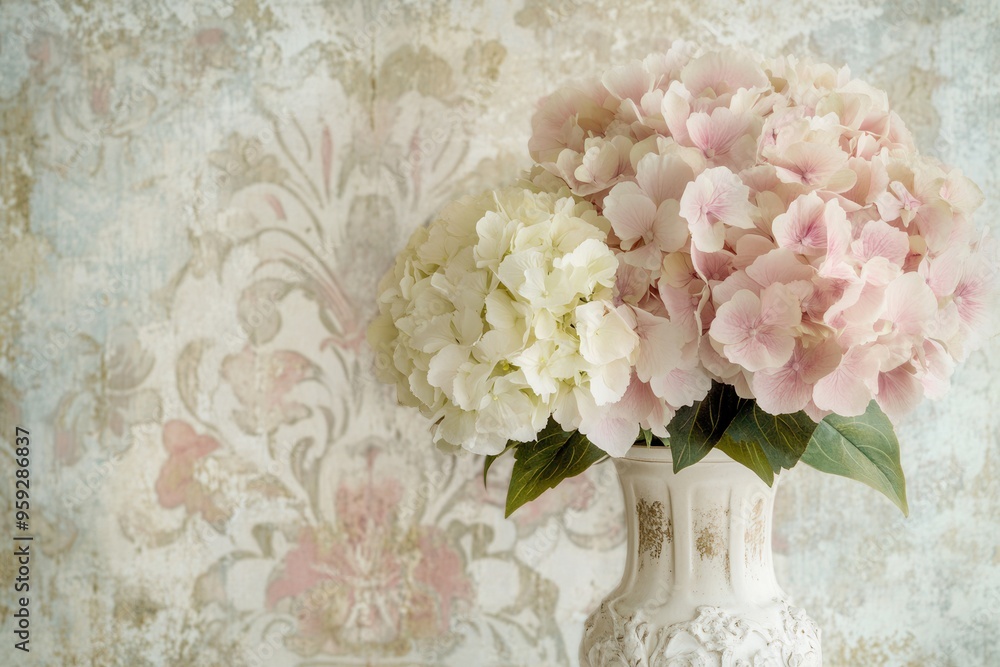 Aufkleber a charming arrangement of peonies and hydrangeas displays soft colors in an antique vase, enhancing 