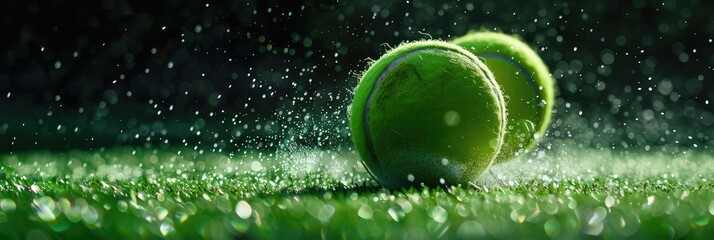Close-up of a tennis ball bouncing on turf.