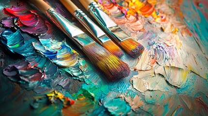 Fototapeta premium A peaceful artist's studio with an easel and vibrant splashes of color, focusing on a close-up of an artist skillfully working with paintbrushes.