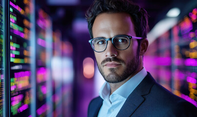 Fototapeta premium Hyper-Realistic Sales Agent in Formal Attire Holding a Laptop, Slight Smile, Modern Technological Background
