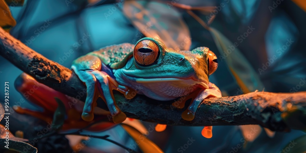 Poster macro image of a sleeping frog blending into a tree branch.