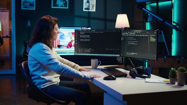 Programmer stretches body limbs after securing company servers from virus attacks all day. Fatigued IT remote employee relaxing tense muscles at desk after building firewalls protecting data, camera B