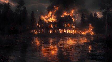 A large house ablaze near a river at night, flames casting eerie reflections on the water, dark environment, insurance purposes, Ultra-detailed, Photo-realism