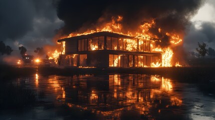 A modern house fully on fire at midnight, roaring flames consuming the structure, emergency vehicles in the distance, high insurance risk scenario