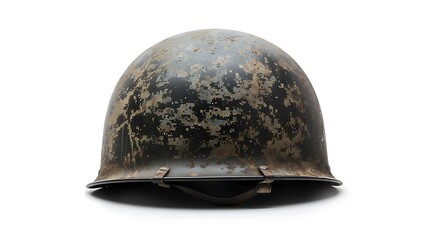 Naklejka premium A worn military helmet showcasing signs of use and wear.