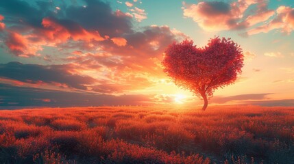 Heart-shaped tree in a blooming meadow at sunset, featuring a painted texture and a colorful sky background, illustrating themes of love and nature..