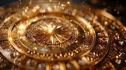 Golden Ornamental Wheel with Glowing Lights 3D Illustration
