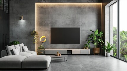 Contemporary living room with TV and comfortable sofa. AI generated image