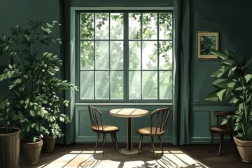 Fototapeta premium Cozy Indoor Space with Plants and Sunlight