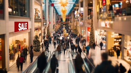 Obraz premium Shoppers enjoy a bustling New Year sale event in a decorated shopping mall filled with festive lights and holiday spirit