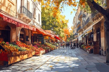Fototapeta premium Autumn Market Scene with Colorful Stalls and Trees