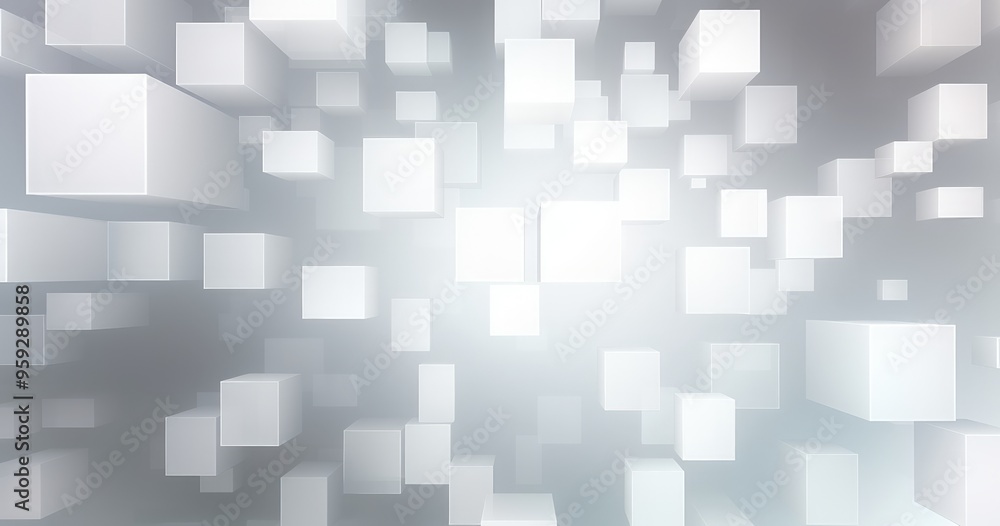 Poster a 3d abstract representation of floating white cubes in a gradient background, creating a sense of d