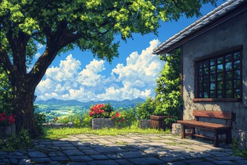 Fototapeta premium Serene Garden View with House and Tree