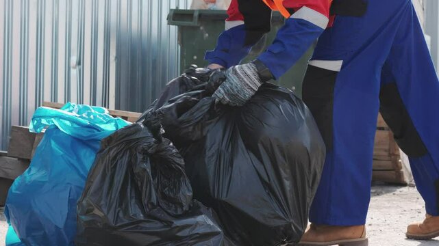 Trash collection day in the city with overflowing bins and people discarding waste on a sunny afternoon