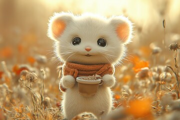Illustration of a cute mouse wearing a scarf, holding a small cup while standing in a sunlit field