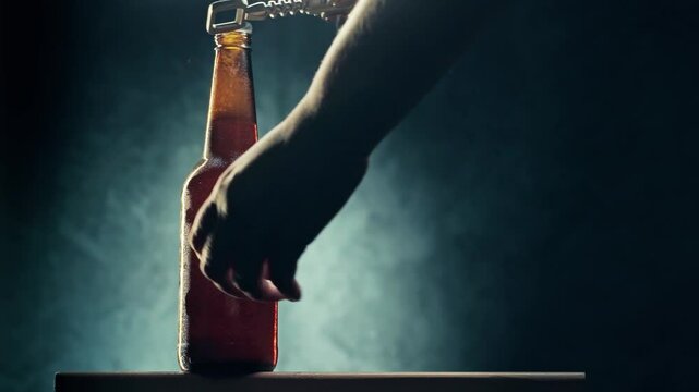 Opening a bottle of refreshing beverage in a dimly lit setting with atmospheric smoke