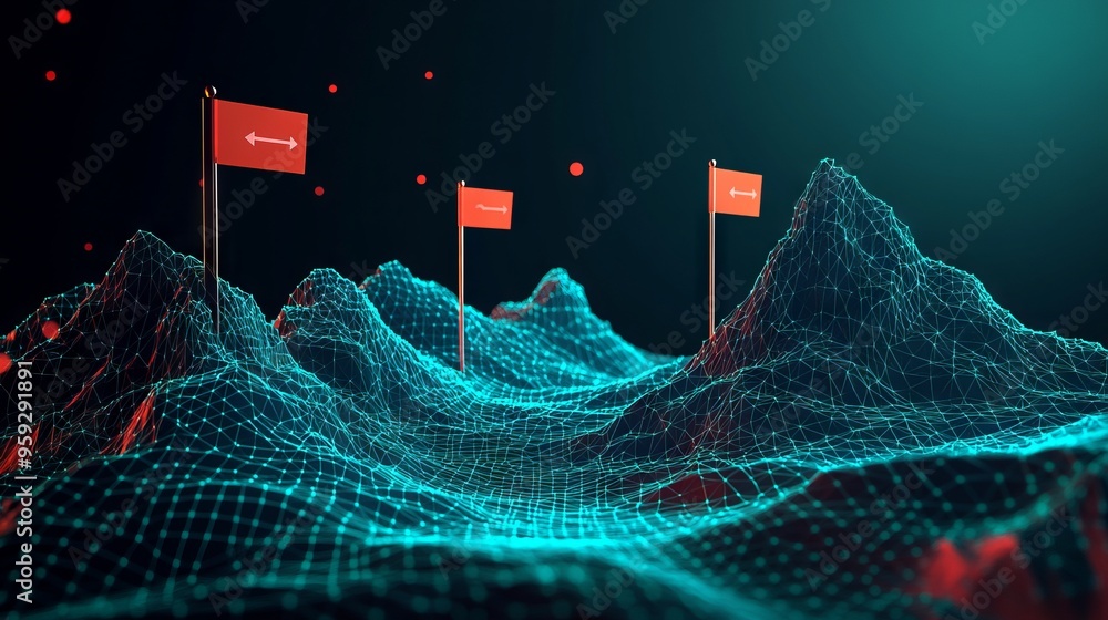 Poster abstract digital mountains range with flags in a futuristic low poly style. path to success and busi