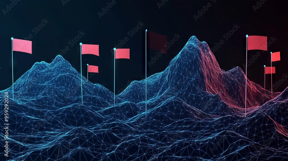 Poster abstract digital mountains range with flags in a futuristic low poly style. path to success and busi