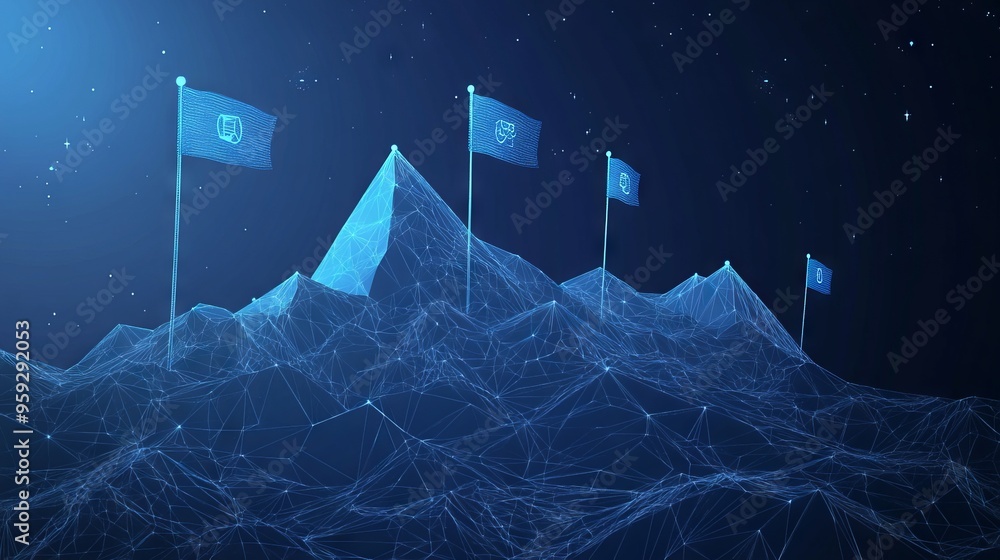 Poster abstract digital mountains range with flags in a futuristic low poly style. path to success and busi