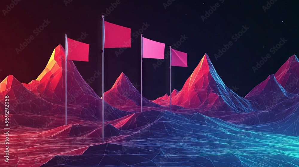 Poster abstract digital mountains range with flags in a futuristic low poly style. path to success and busi