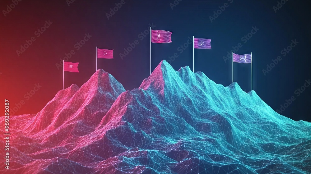 Poster abstract digital mountains range with flags in a futuristic low poly style. path to success and busi