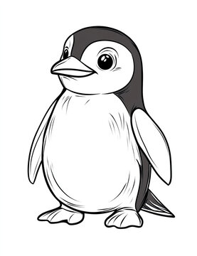 recommend clip art: Cute baby penguin with big eyes, simple line art with black lines on a white background