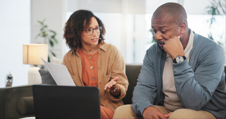 Fototapeta premium Complain, financial paperwork or couple with depression, finance documents and budget in recession. Stress, interest rates or worried African people frustrated by house bills or debt with inflation
