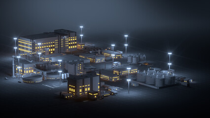 Metallurgical plant on a dark background. Factory buildings at night with tanks and pipeline. 3d render