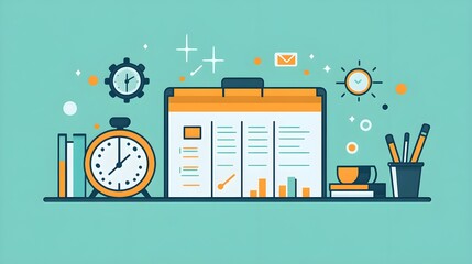 A flat design of a conference schedule with icons for sessions and breaks