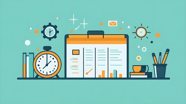 A flat design of a conference schedule with icons for sessions and breaks