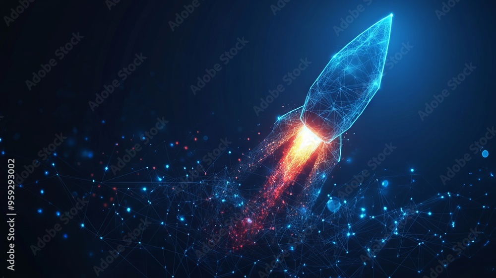 Poster digital growth arrows up and abstract rocket launch on dark blue technology background. glowing conn