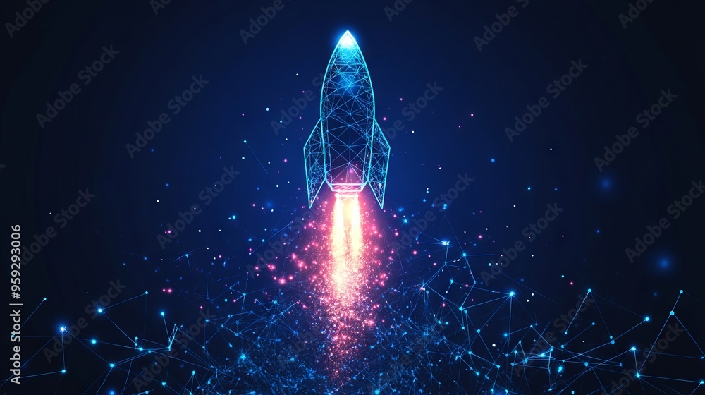 Poster digital growth arrows up and abstract rocket launch on dark blue technology background. glowing conn