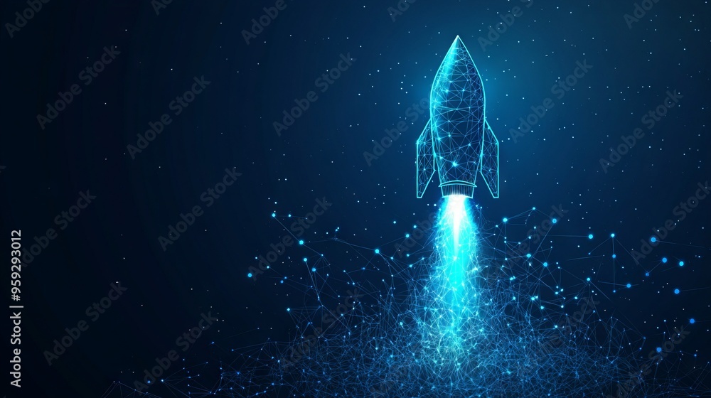 Poster digital growth arrows up and abstract rocket launch on dark blue technology background. glowing conn