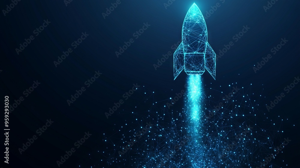 Poster digital growth arrows up and abstract rocket launch on dark blue technology background. glowing conn