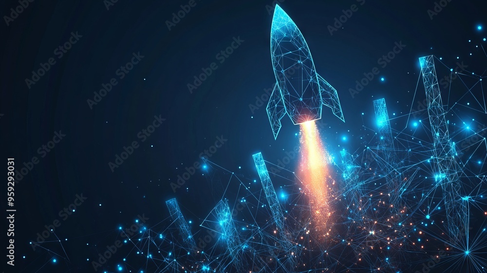 Poster digital growth arrows up and abstract rocket launch on dark blue technology background. glowing conn