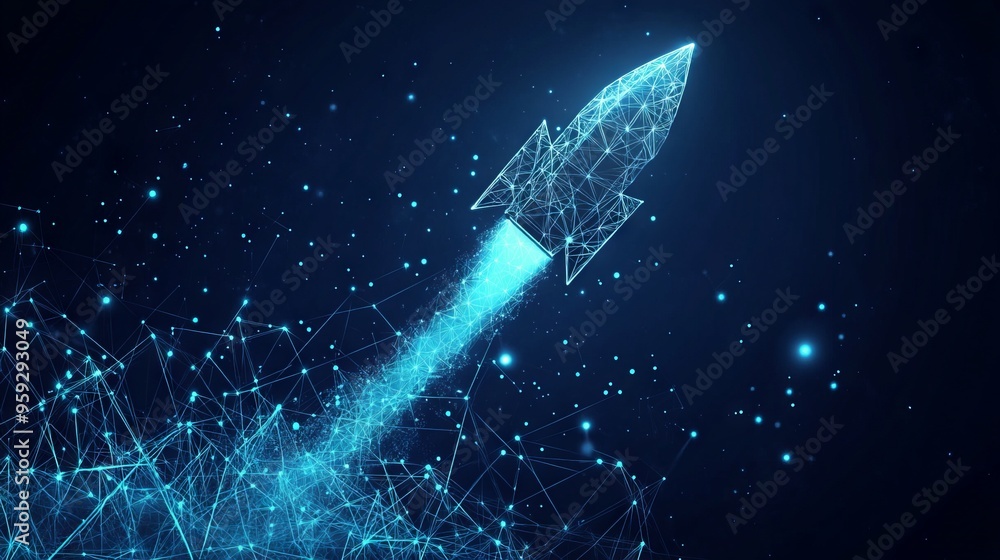 Poster digital growth arrows up and abstract rocket launch on dark blue technology background. glowing conn