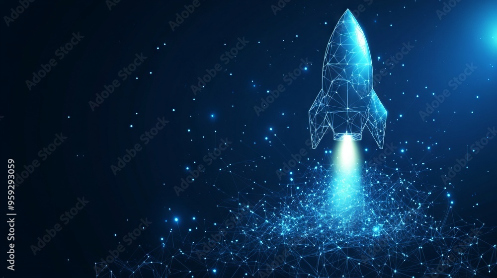 Poster digital growth arrows up and abstract rocket launch on dark blue technology background. glowing conn