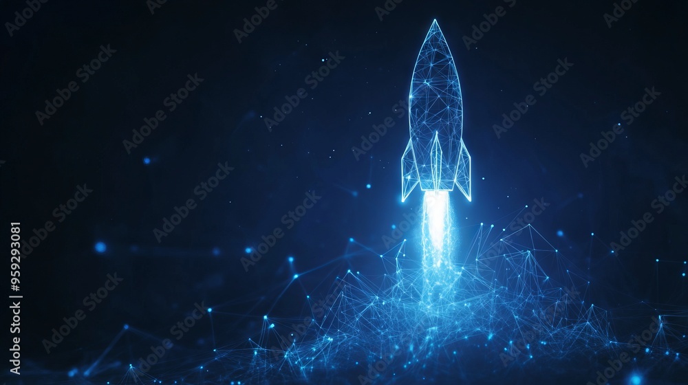Poster digital growth arrows up and abstract rocket launch on dark blue technology background. glowing conn