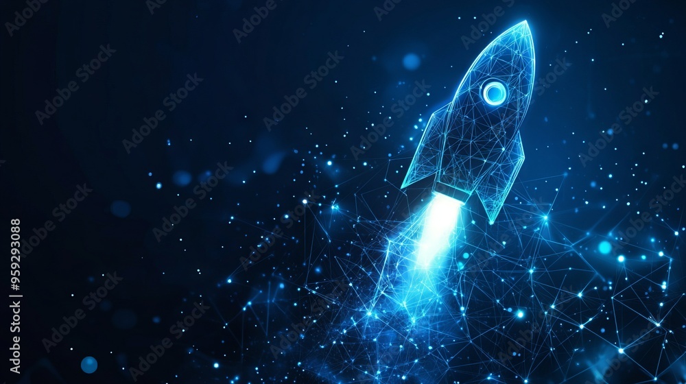Poster digital growth arrows up and abstract rocket launch on dark blue technology background. glowing conn