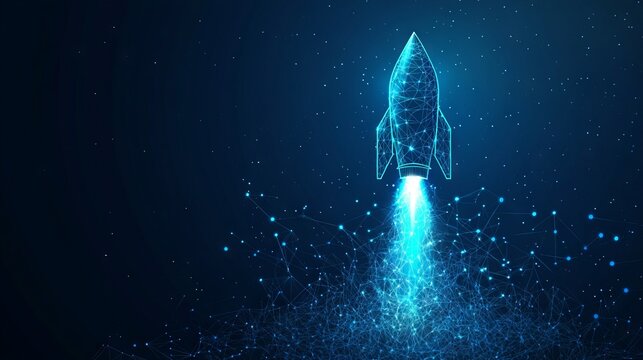 Digital growth arrows up and abstract rocket launch on dark blue technology background. Glowing connected dots and lines. Boosting and Rapid growth concepts. Low poly wireframe vector illustration.