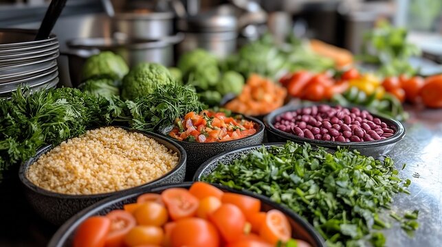 Plantbased diet meal prep a bright kitchen with colorful vegetables healthy grains and nutritious meals being prepared