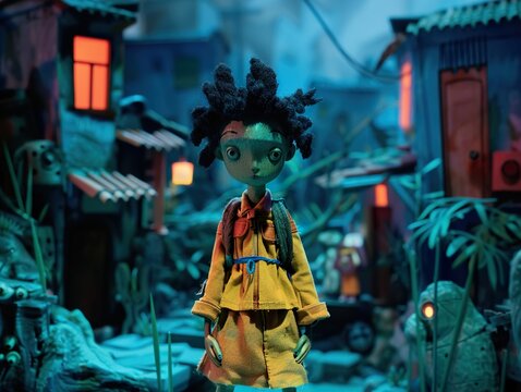 A stop-motion animated character with curly black hair, wearing a yellow shirt, blue pants, and a backpack