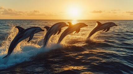 Fototapeta premium Dolphins Leap into Sunset: Stunning Ocean Wildlife Photography
