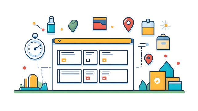 A flat design of a conference schedule with icons for sessions and breaks