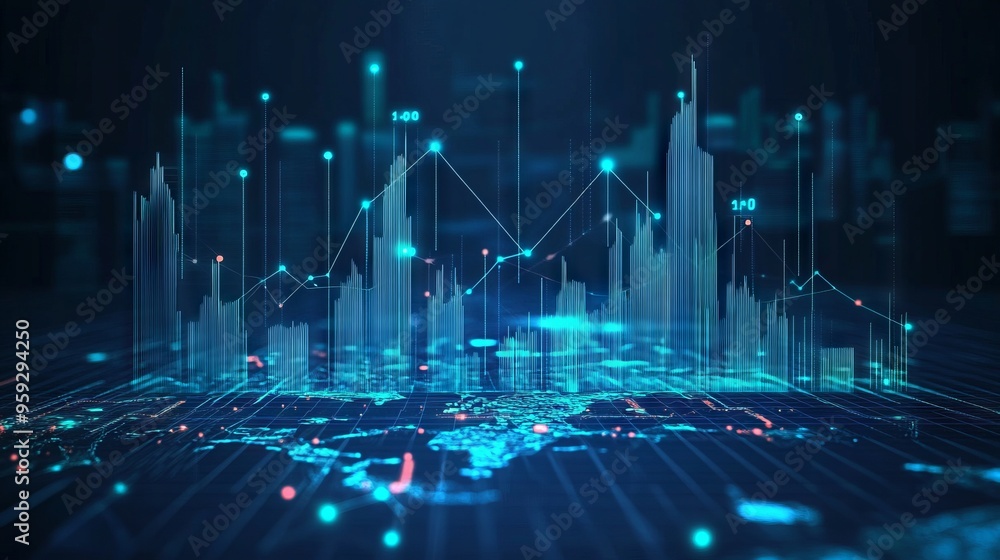 Poster digital growth graph chart on technology map. abstract business analysis and stock market concept. l
