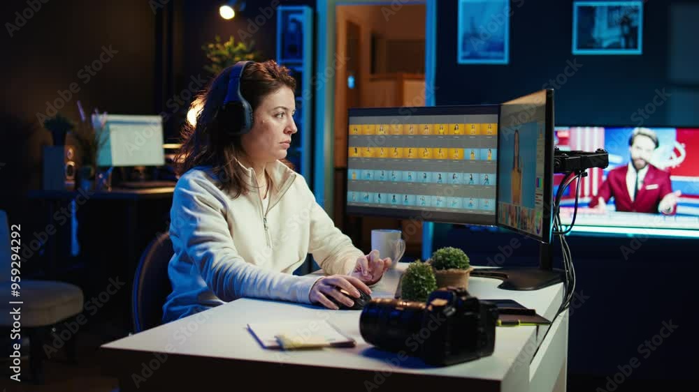 Poster freelancer editing professional photographs, working in home studio while enjoying music. photo edit