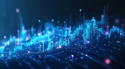Digital growth graph chart on technology map. Abstract business analysis and stock market concept. Low poly wireframe vector illustration on dark background in futuristic light blue hologram style.