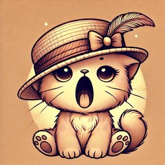 優雅にあくびする帽子猫 - かわいいイラスト