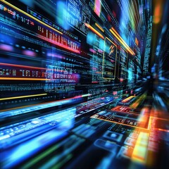 Fototapeta premium A vibrant digital landscape showcasing streams of data flowing through a futuristic network, symbolizing advanced technology.